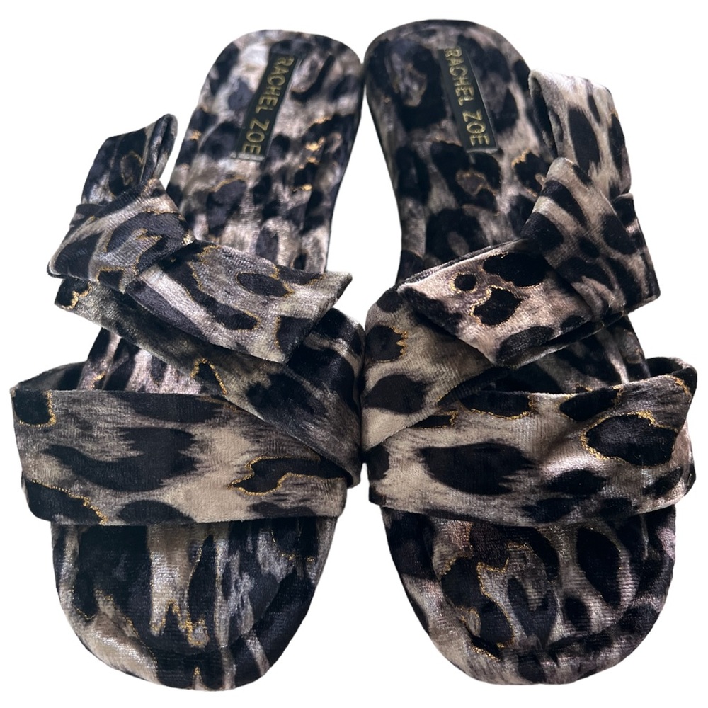 RACHEL ZOE Leopard Velour slides rubber sole side bow grey & black SZ 8 - Picture 3 of 6